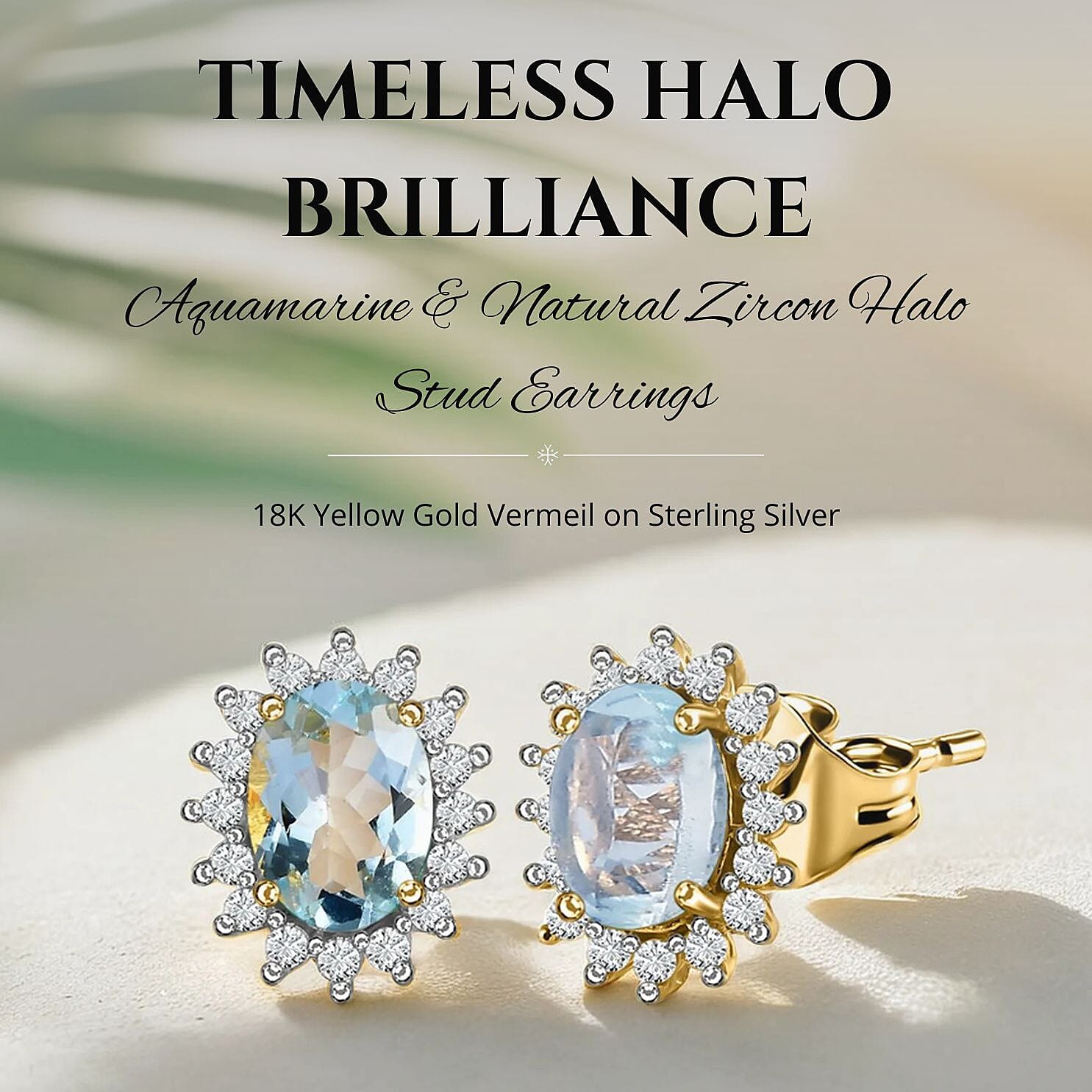 Aquamarine and Natural Zircon Halo Stud Earrings in 18K Vermeil Yellow Gold Plated Sterling Silver 1.60 Ct.